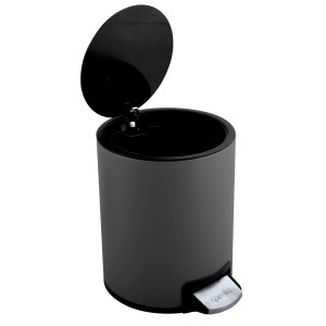 Grauer Spirella Kosmetikeimer Riku 3L mit Pedal und geöffnetem Deckel.