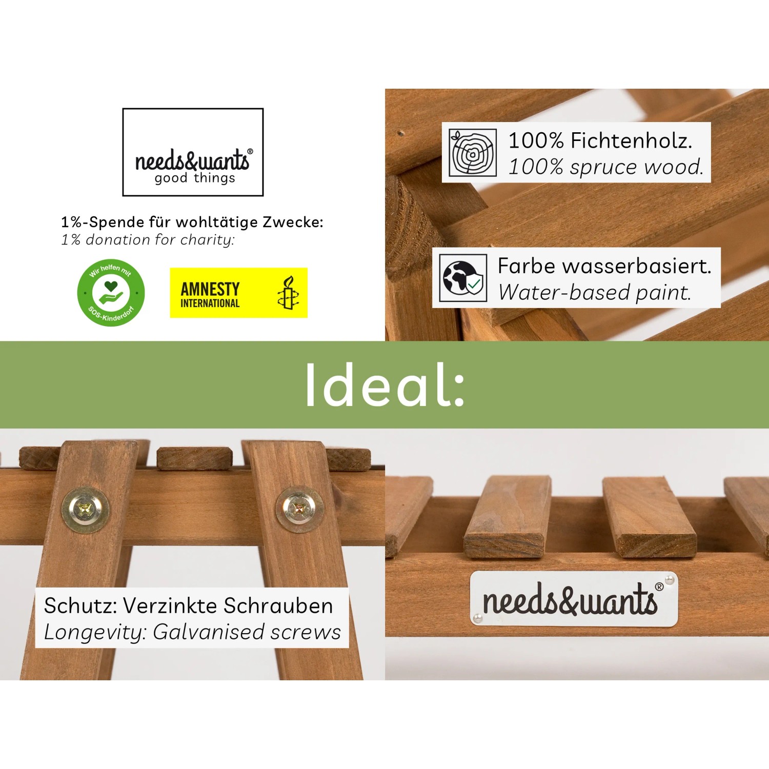 Detailaufnahme: needs&wants Pflanzenregal Bloomy2 aus braun lasiertem Fichtenholz mit verzinkten Schrauben.