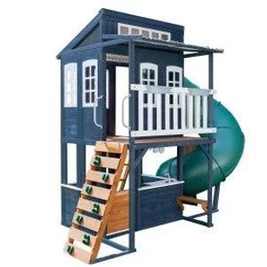 Zweistöckiges, marineblaues KidKraft Cozy Escape Spielhaus mit Rutsche, Kletterwand und Kinderküche.