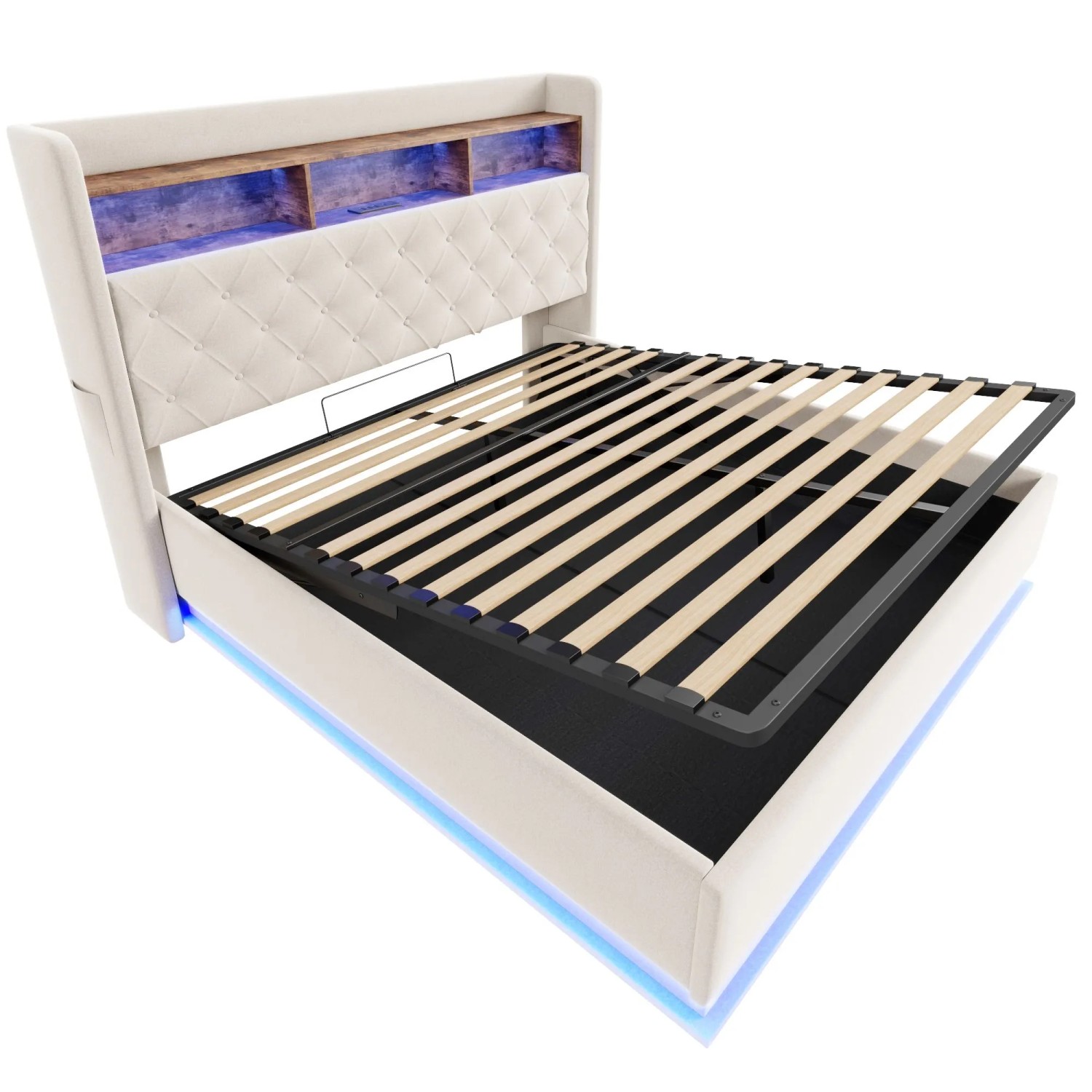 Merax LED Polsterbett 180x200cm USB Hydraulik Leinen Beige