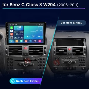 Junsun Autoradio für Benz C-Klasse W204: Vorher-Nachher-Ansicht der Installation mit modernem Multimedia-Display.