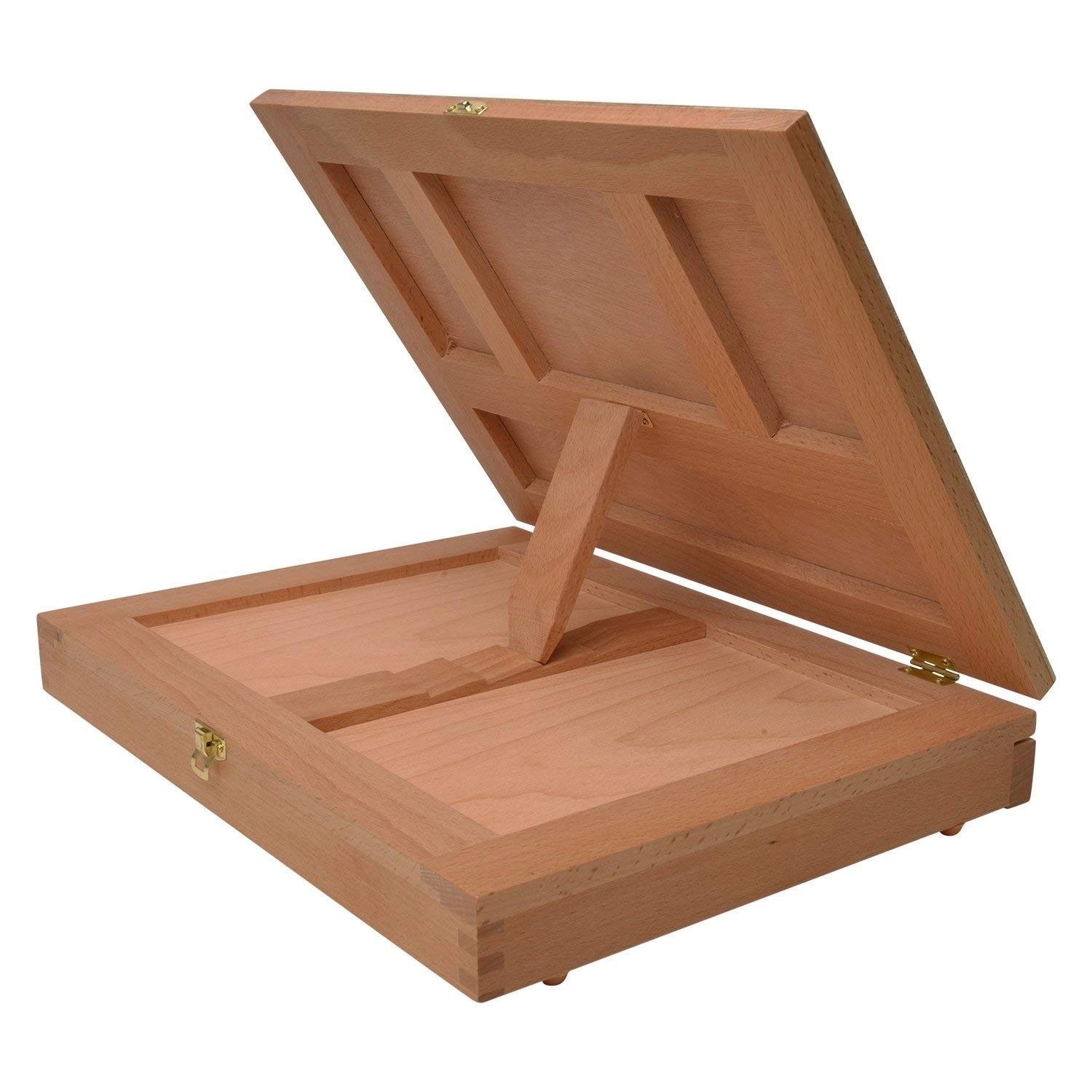 Geöffnete Artina Calais Staffelei aus Buchenholz mit Aufbewahrungsfach.