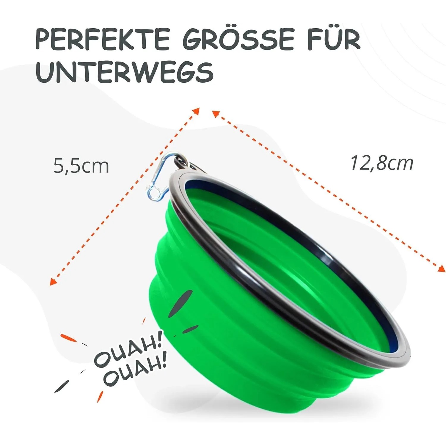 Grüner, faltbarer Reisenapf von Petsation mit Karabinerhaken und Größenangaben.