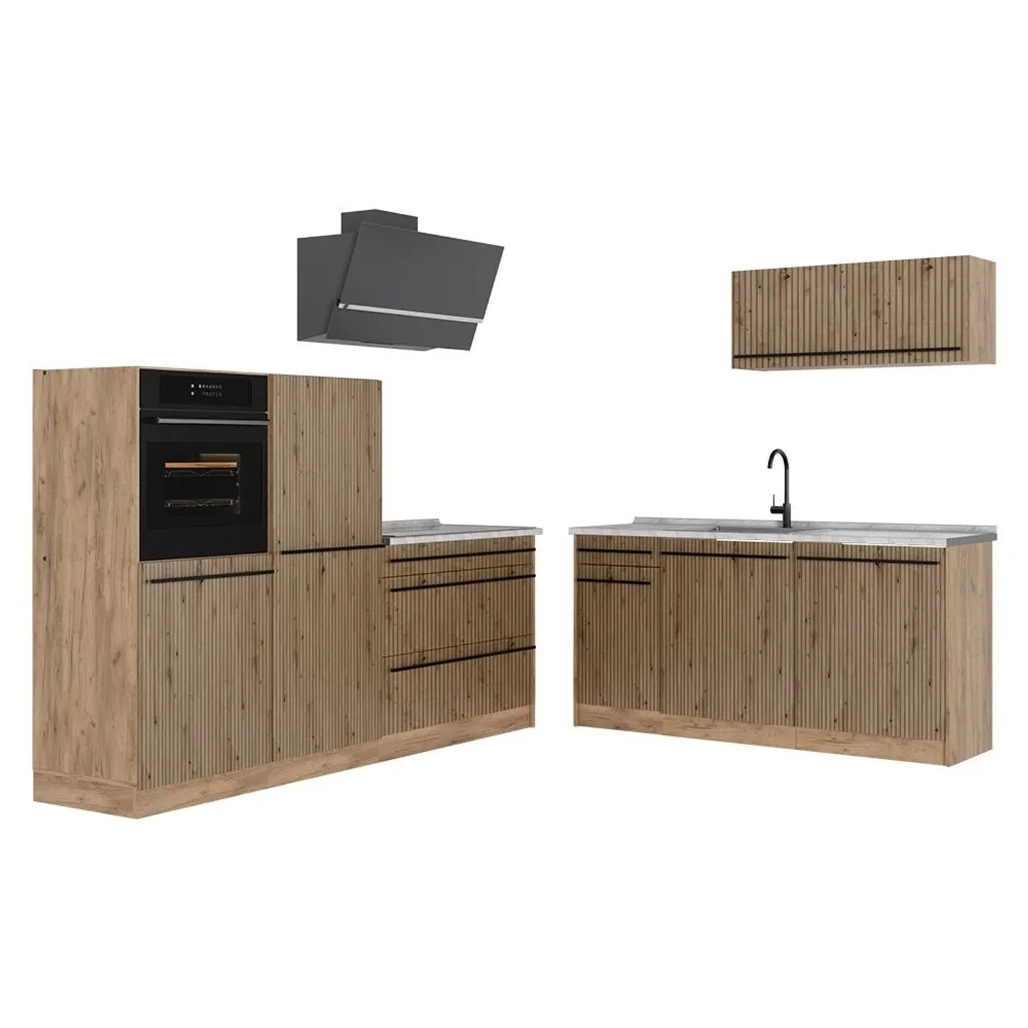 Vicco Küchenzeile R-Line Artisan-Eiche/Goldkraft Eiche 220 x 143 Arbeitsplatte Marmor Art Nr 67087