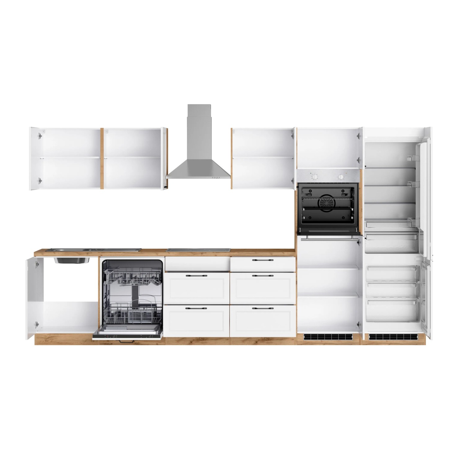 Küchenzeile Kempten 360 cm in Weiß/Wotan mit E-Geräten: Backofen, Kochfeld, Spüler, Kühl-/Gefrierkombi, Dunstabzugshaube.