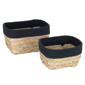 Wenko Aufbewahrungskörbe Rika, 2er Set, Natur/Schwarz, aus Borstengras mit Stoffbordüre, ideal für Bad, Küche und Wohnbereich.