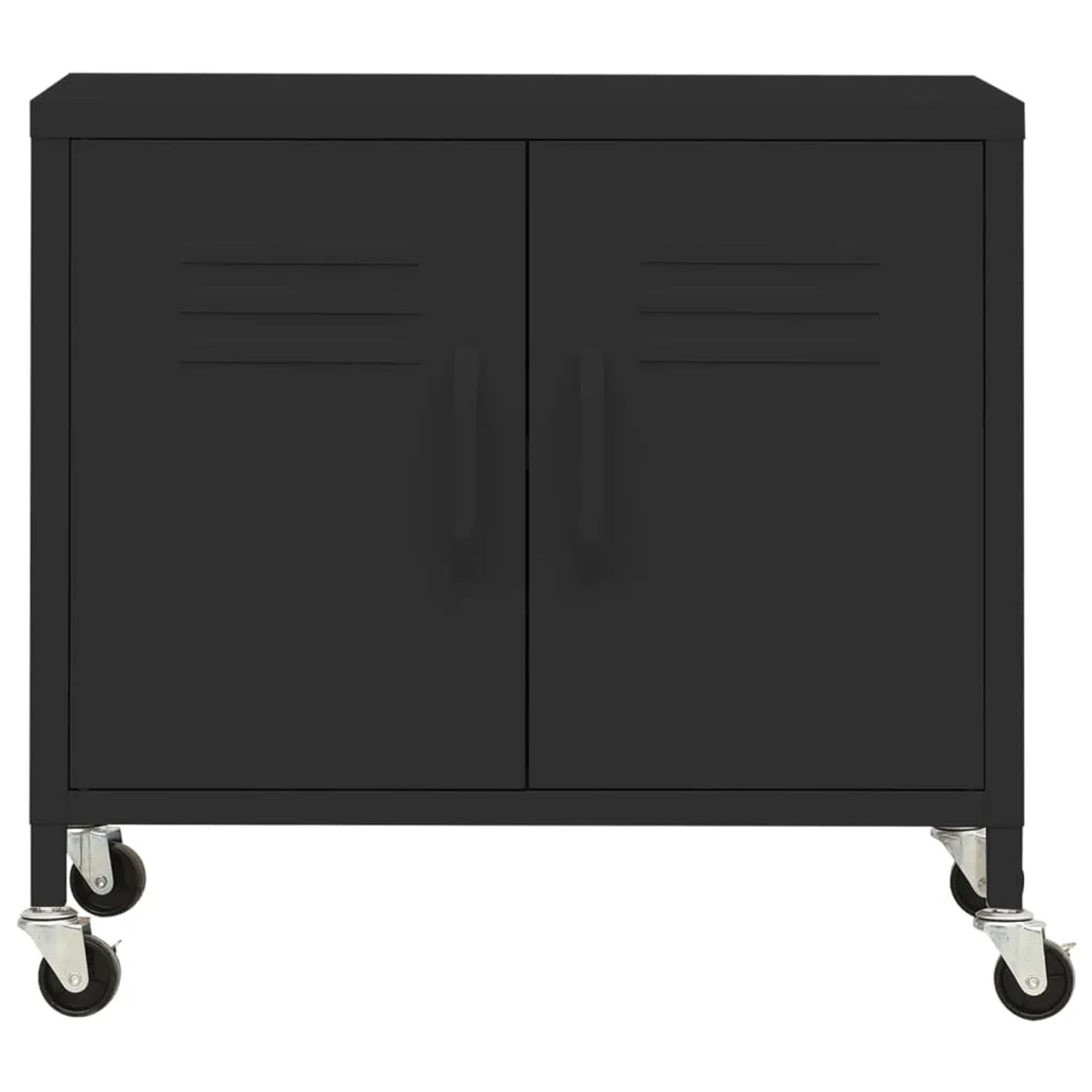 Schwarzer vidaXL Lagerschrank aus Stahl, 60x35x56 cm, mit Rollen und zwei Türen.