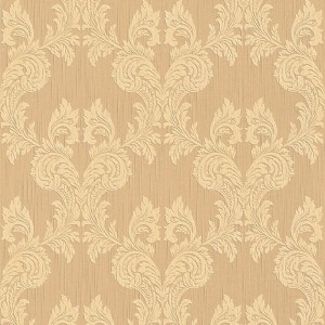 Gold-braune Ornament Tapete im Rokoko Stil. Elegante Vliestapete mit Textilmuster für Wohn- und Esszimmer.