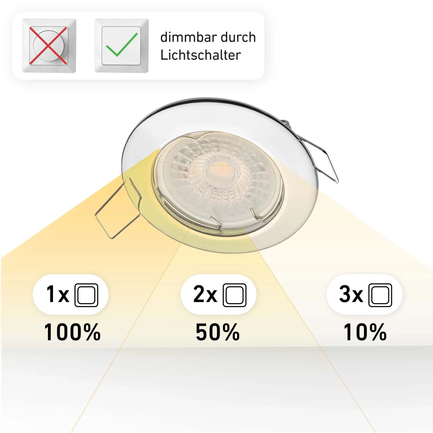 Oktaplex Einbaustrahler Sedan, 3-Stufen dimmbar, Chromoptik, warmweißes LED Licht.