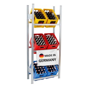 Verzinktes PROREGAL Getränkekistenregal Chiemsee mit 3 Ebenen für je 2 Kisten, Made in Germany.