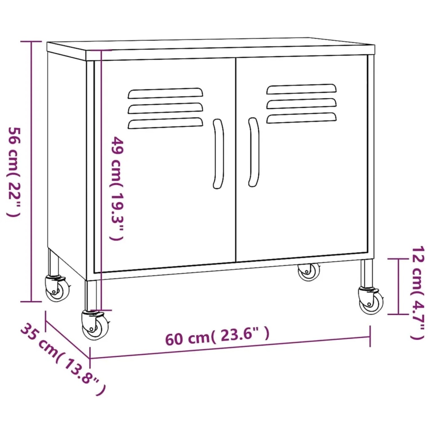 Schwarzer vidaXL Lagerschrank aus Stahl, 60x35x56 cm, mit Rollen und Lüftungsschlitzen.