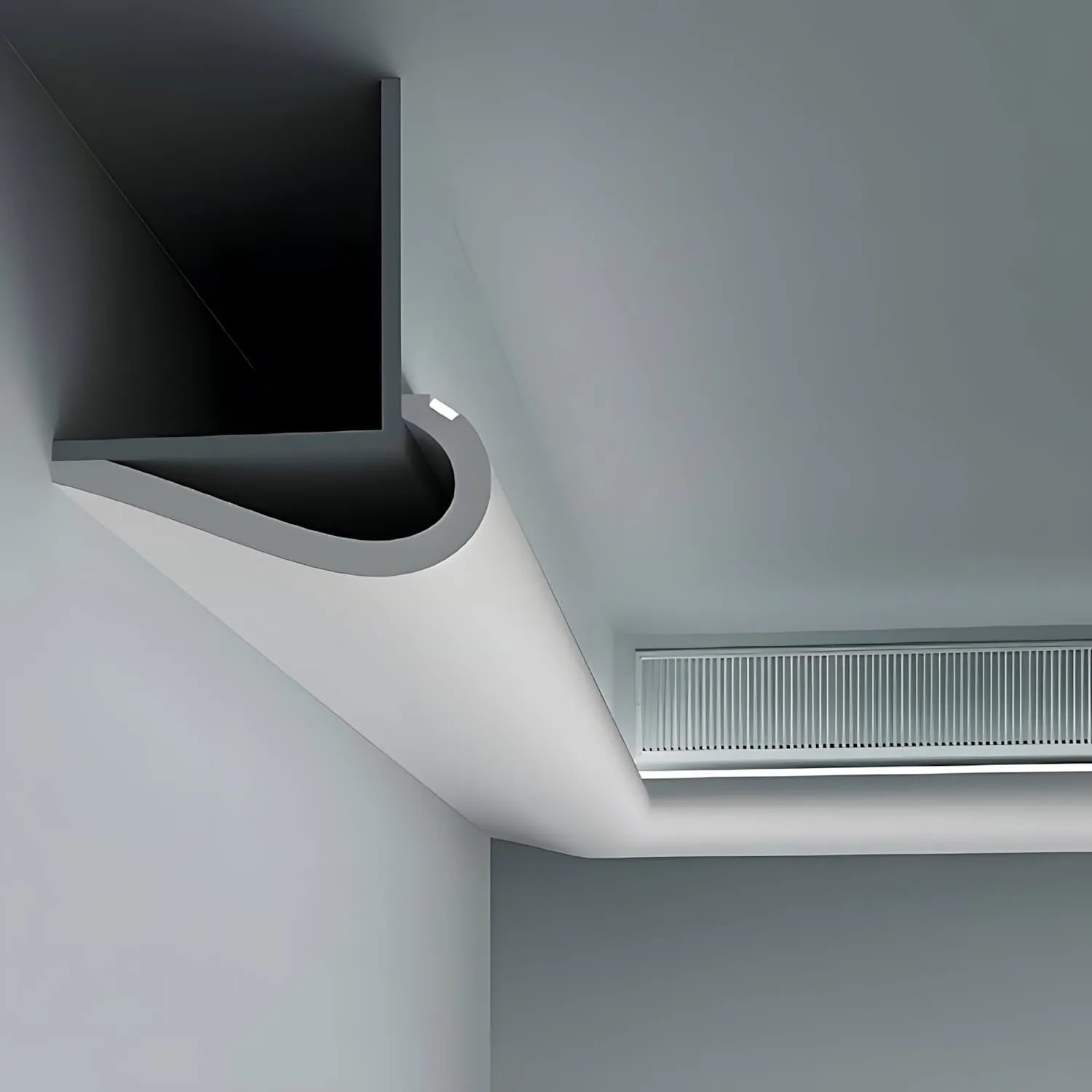 Weiße PROFHOME Eckleiste für indirekte Beleuchtung an Decke und Wand.