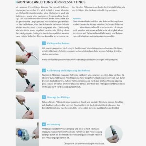 Montageanleitung für Pressfitting Kupplung: Schritte zum Ablängen, Kalibrieren und Verpressen von Rohren.