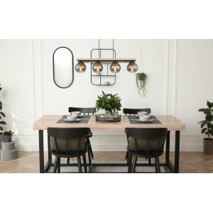 Globo Pendelleuchte mit 4 rauchfarbenen Glaskugeln, schwarz-matte Metallaufhängung und Holzelement.