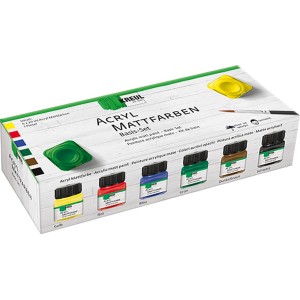 Kreul Acryl Mattfarben Basis Set mit 6 Farben (Gelb, Rot, Blau, Grün, Braun, Schwarz) im Karton.