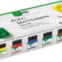 Kreul Acryl Mattfarben Basis Set mit 6 Farben (Gelb, Rot, Blau, Grün, Braun, Schwarz) im Karton.