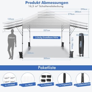 Costway 3x3m Pop Up Pavillon mit Zwei Markisen Rolltasche 4 Sandsäcke Weiß