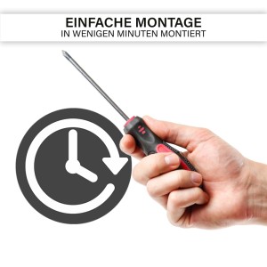 Schnelle Montage der MegaLight LED-Deckenleuchte: Hand mit Schraubendreher und Uhr-Symbol.