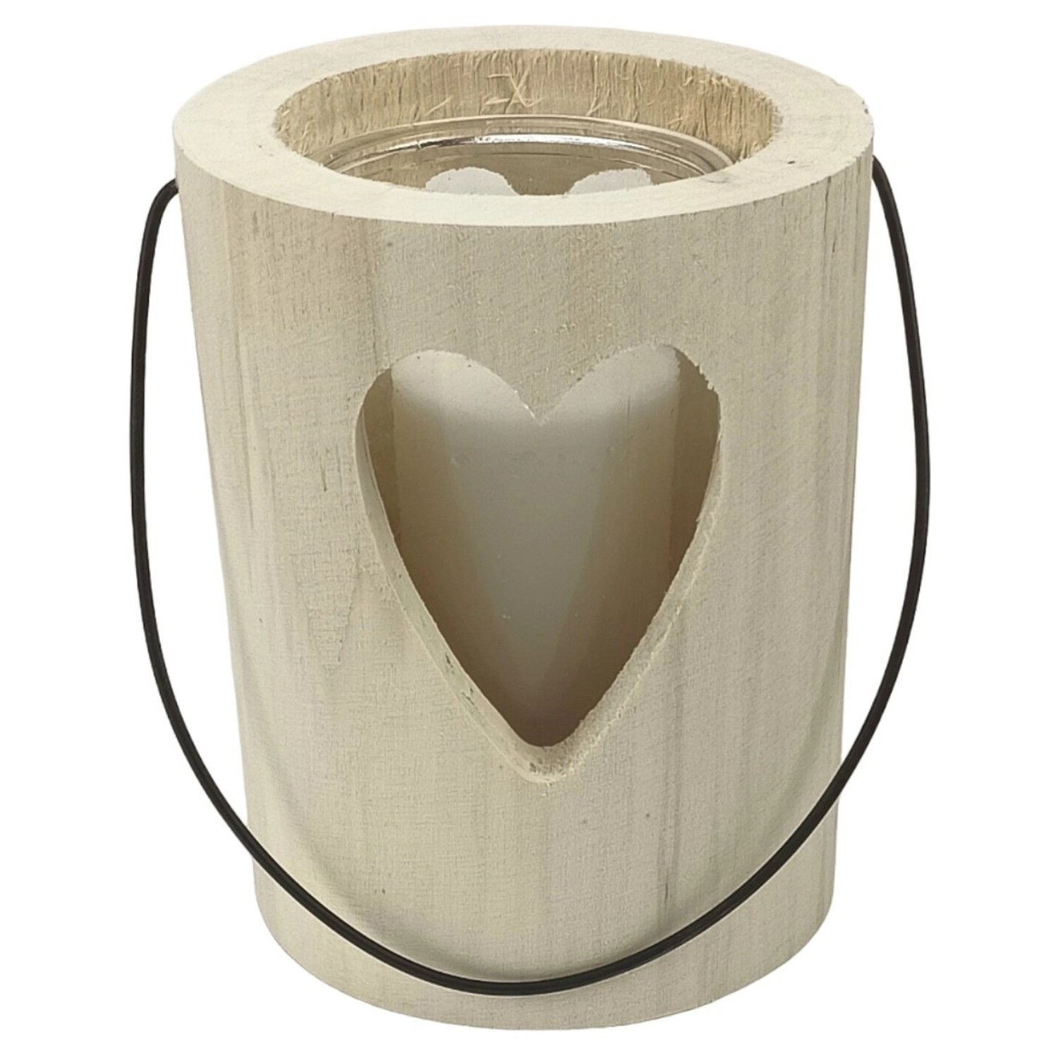 Windlicht aus Holzstamm im Nordic-Style mit Glas und Herz-Ausschnitt, ca. Ø 13x15 cm.