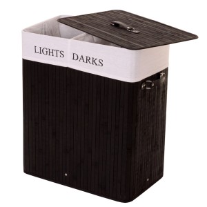 Schwarzer MCW Wäschekorb aus Bambus mit Deckel, 100l, zwei Fächer für helle und dunkle Wäsche.