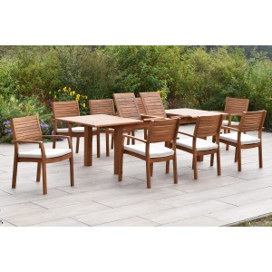 Merxx Batavia 17-tlg. Gartenmöbel-Set mit Ausziehtisch, 8 Stapelsesseln und Auflagen.