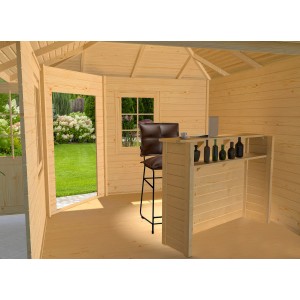 Weka Tresenbausatz Natur für Gartenhäuser (28 mm) mit Barhocker und Dekoration.