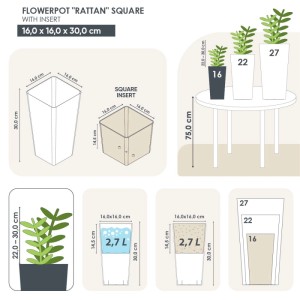 KMND Blumentopf Groß Blumentopf Gross Innen Quadratisch Hoch mit Einsatz Rattan 16x16x30 cm PP Kunststoff Granit 2er Set 20798