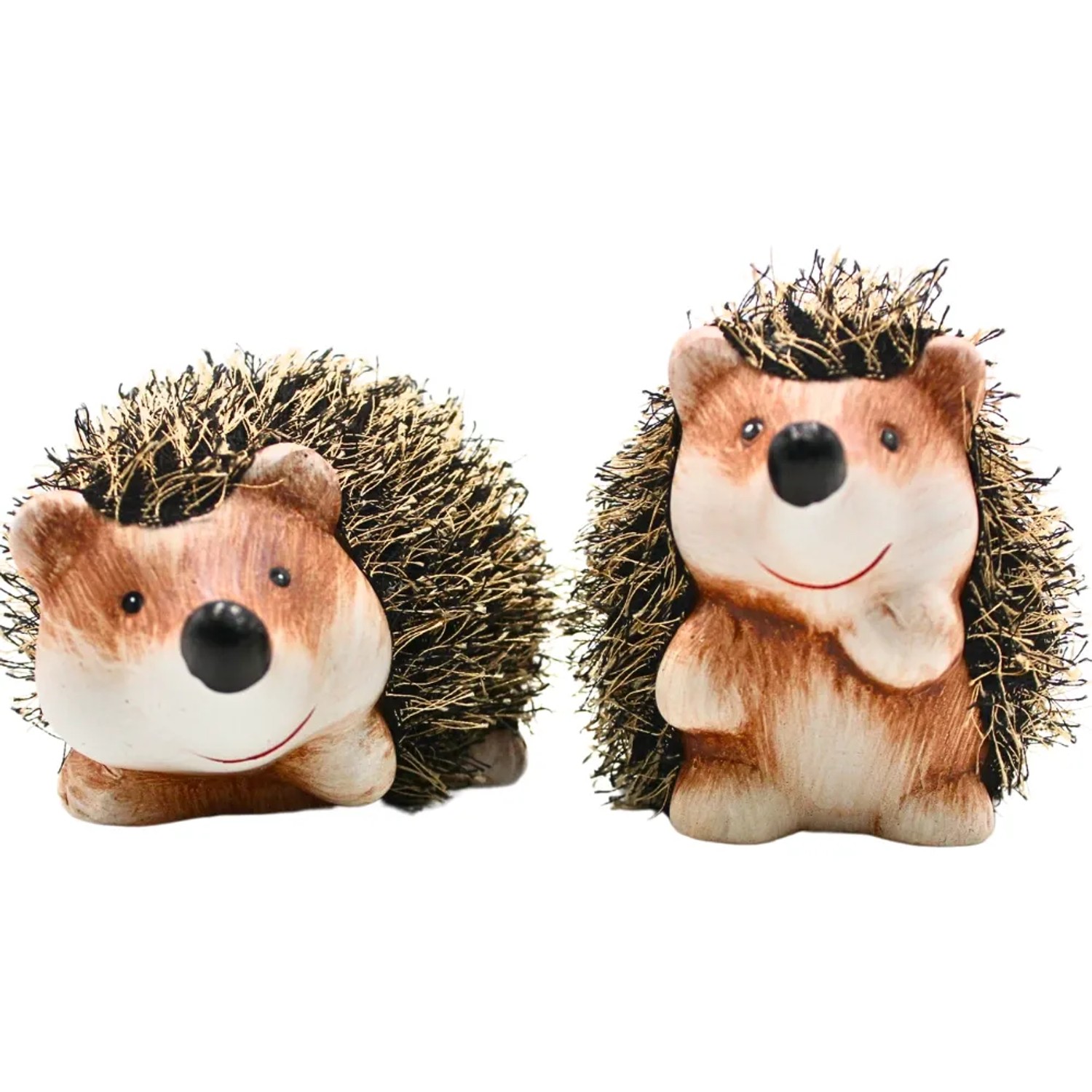 Dekohelden24 2er Set Dekofigur Igel Keramik Garten Igel Dekoigel mit Fell in Braun L/B/H 15 x 8 x 8 cm