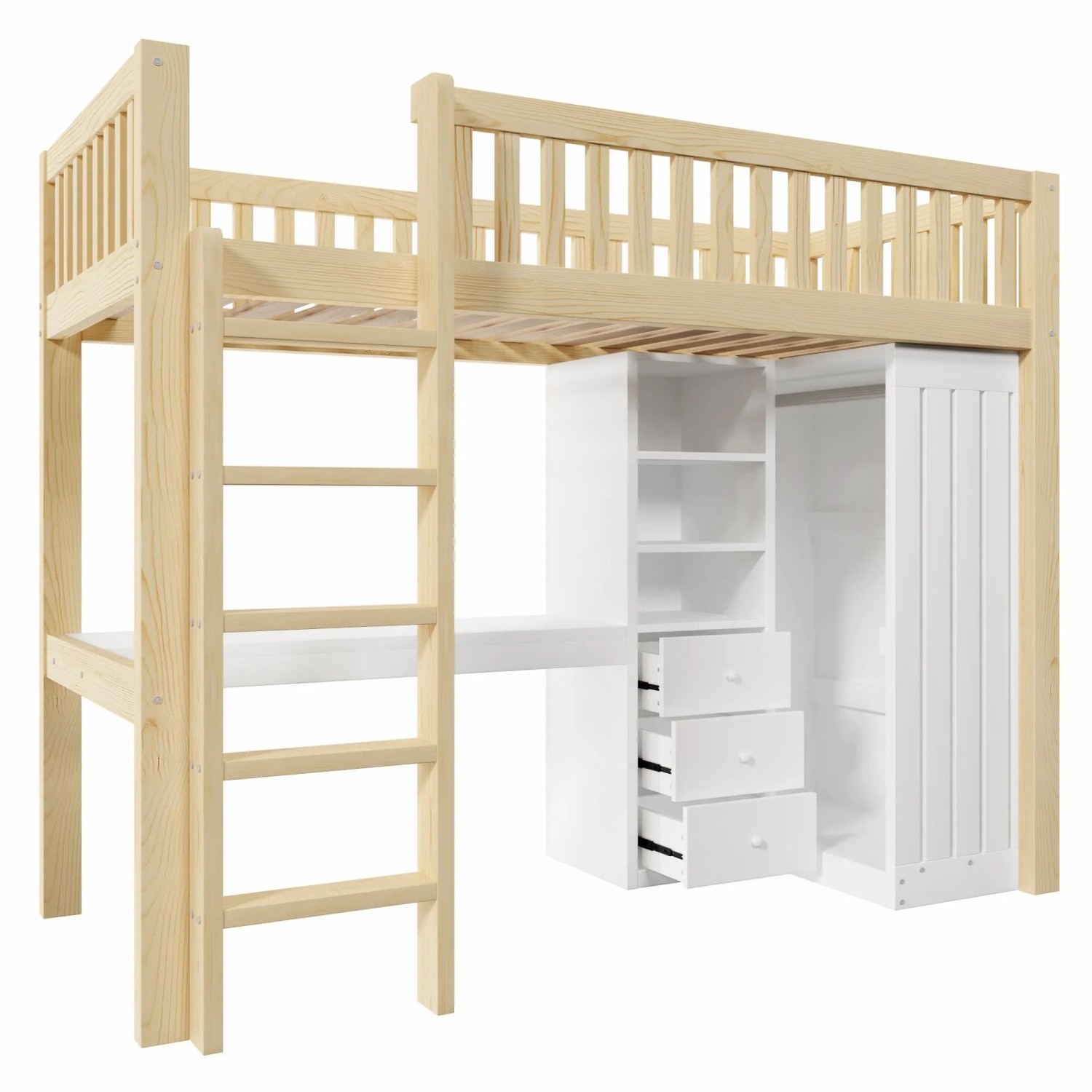 okwish Hochbett 90x200cm mit Kleiderschrank und 3 Schubladen Natur ohne Matratze