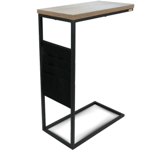 Moderner Beistelltisch Eiche Sonoma mit schwarzem Metallgestell und Zeitschriftenhalter.