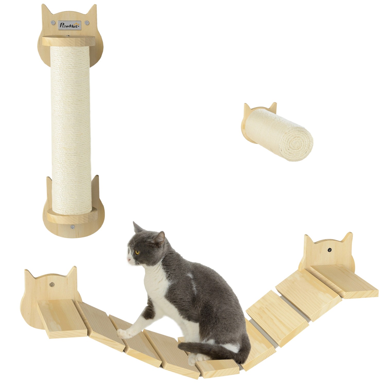 PawHut Katzen Kletterwand Kiefernholz Sisal Naturholz 91L x 22B x 15,5H cm