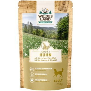 Wildes Land Hunde-Nassfutter Adult Huhn, 150g Packung. Getreidefrei mit Karotte und Distelöl.