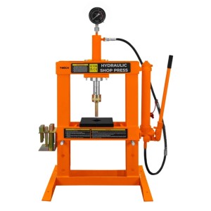 Hydraulische Werkstattpresse (10 Tonnen) in Orange mit Manometer für Autozubehör.