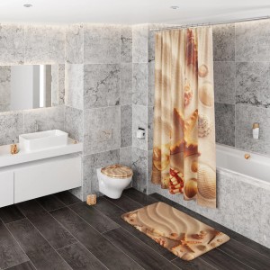 Sanilo Badteppich Sanibel (50x80 cm) im Badezimmer mit passendem Duschvorhang und WC-Sitz.