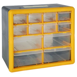 PROREGAL Kleinteilemagazin mit 12 Schubfächern, grau/gelb. Sortimentskasten für Werkstatt & Hobby.
