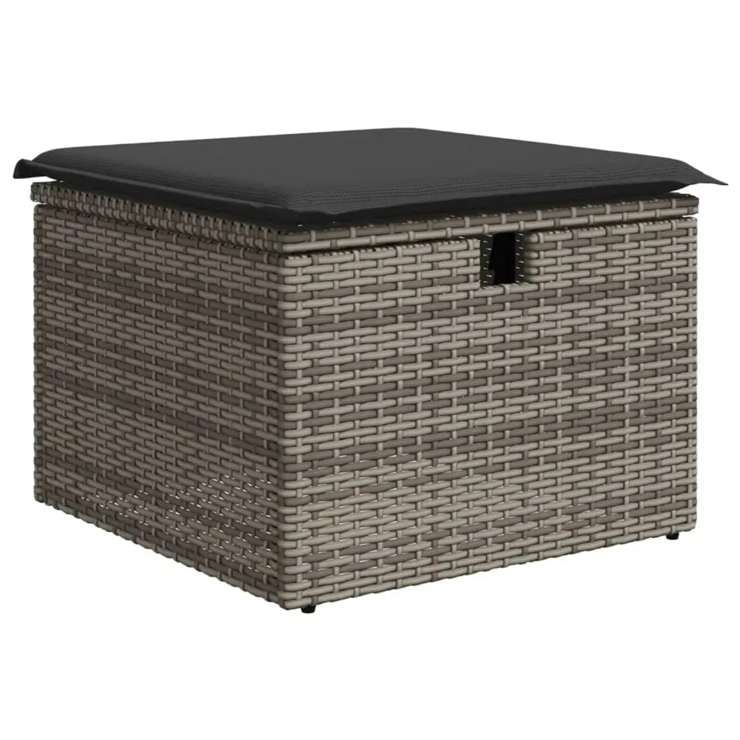 Grauer vidaXL Gartenmöbel-Hocker aus Polyrattan mit dunklem Kissen, Teil einer Sofagarnitur.