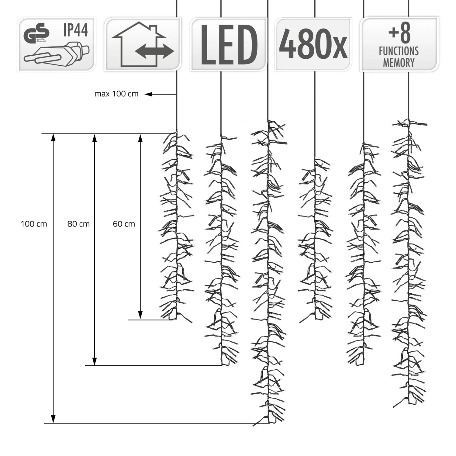 LED Lichtervorhang mit 480 warmweißen LEDs, 8 Modi, für Innen & Außen, Weihnachtsbeleuchtung.
