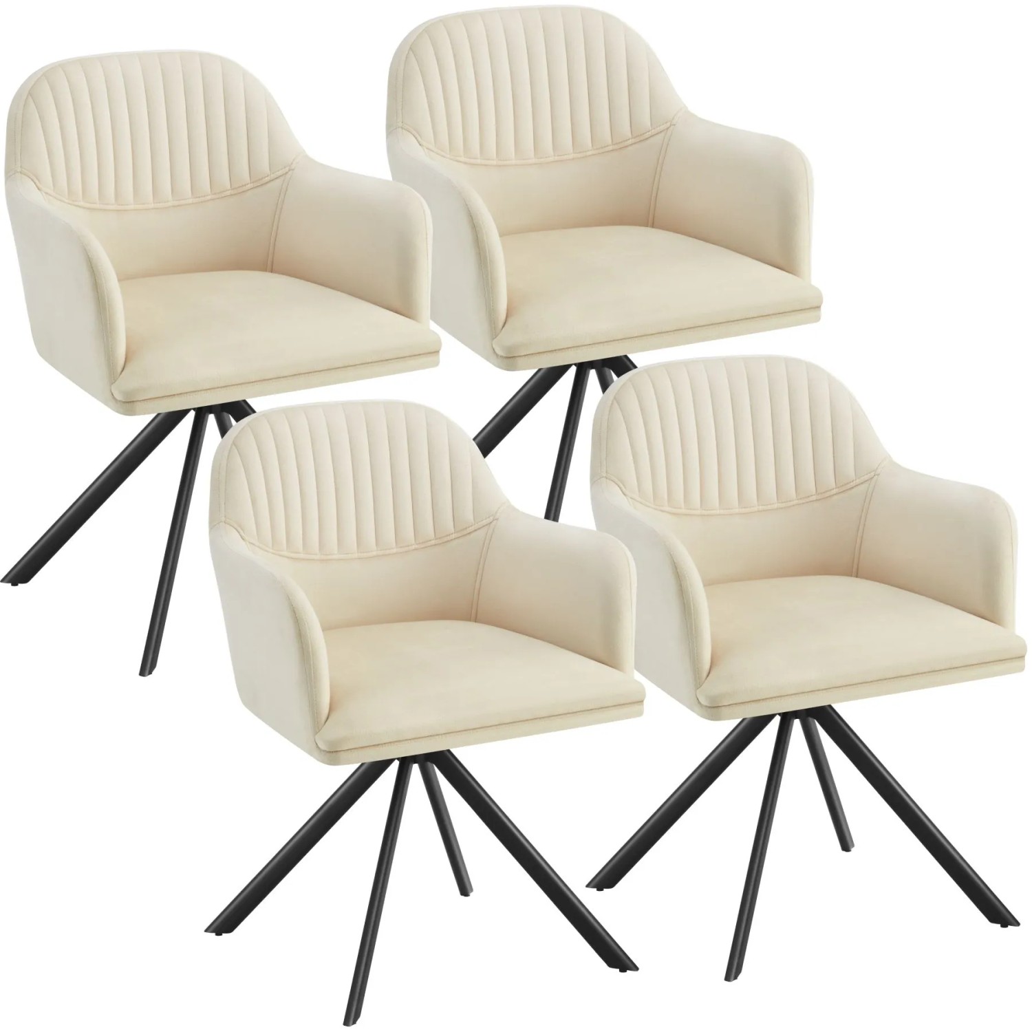 Tectake Samt Drehstuhl Lona Gepolstert Mit Durchgehender Lehne  4Er Set 59 x 56 x 81 cm Creme Schwarz