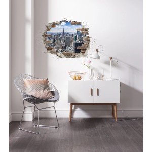 Komar Deko-Sticker Break Out NYC (100x70cm) an Wand, mit Blick auf New York durch eine Maueröffnung.