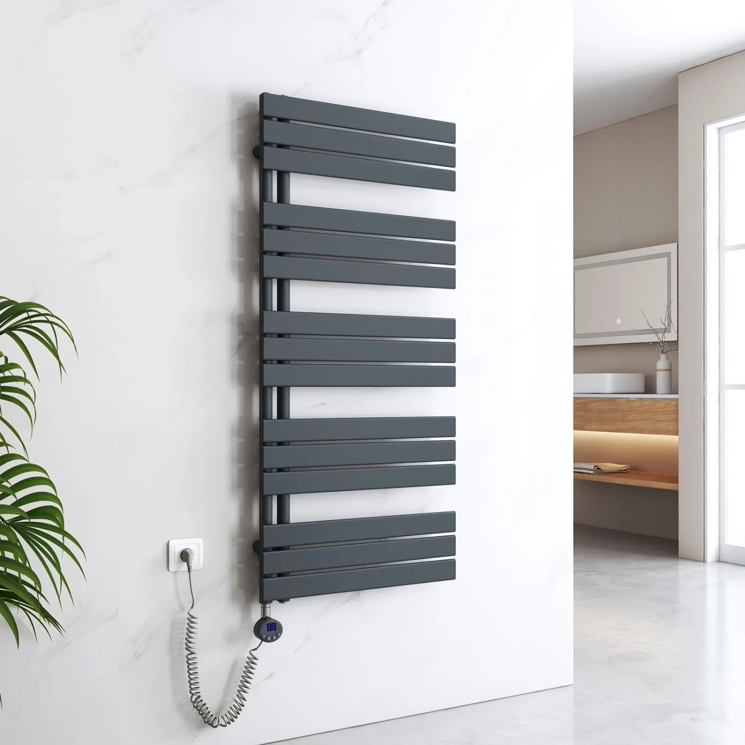 Elektrischer Badheizkörper in Anthrazit (60x132cm, 800W) mit Thermostat und Timer zur Handtuchtrocknung.