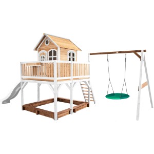 Axi Liam Spielhaus mit Nestschaukel, Rutsche, Sandkasten, Holz, braun-weiß. Ideal für Kinder zum Spielen im Garten.