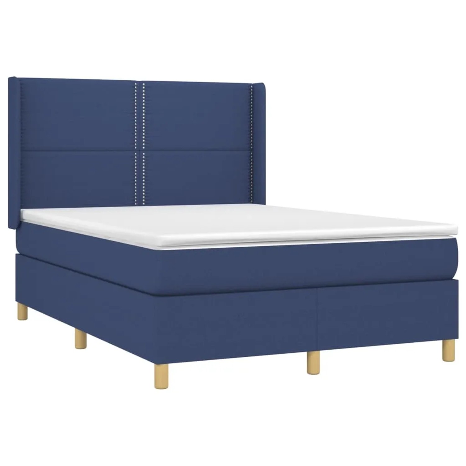 Blaues vidaXL Boxspringbett (140x200 cm) mit Matratze und Stoffbezug.