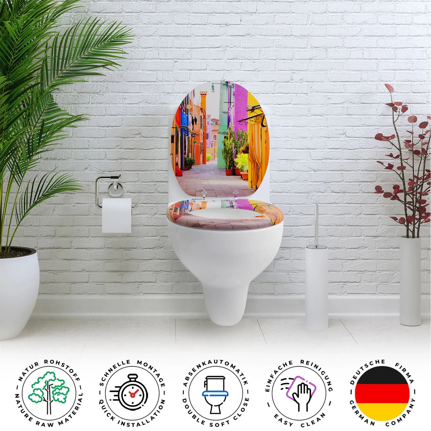 Sanfino WC-Sitz mit bunten Häusern Dekor, Absenkautomatik, Holz Toilettendeckel für Standard WCs.