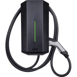 PCE Wallbox GLB-DC Typ 2FC: Schwarze Ladestation mit Kabel und Stecker für Elektroautos.