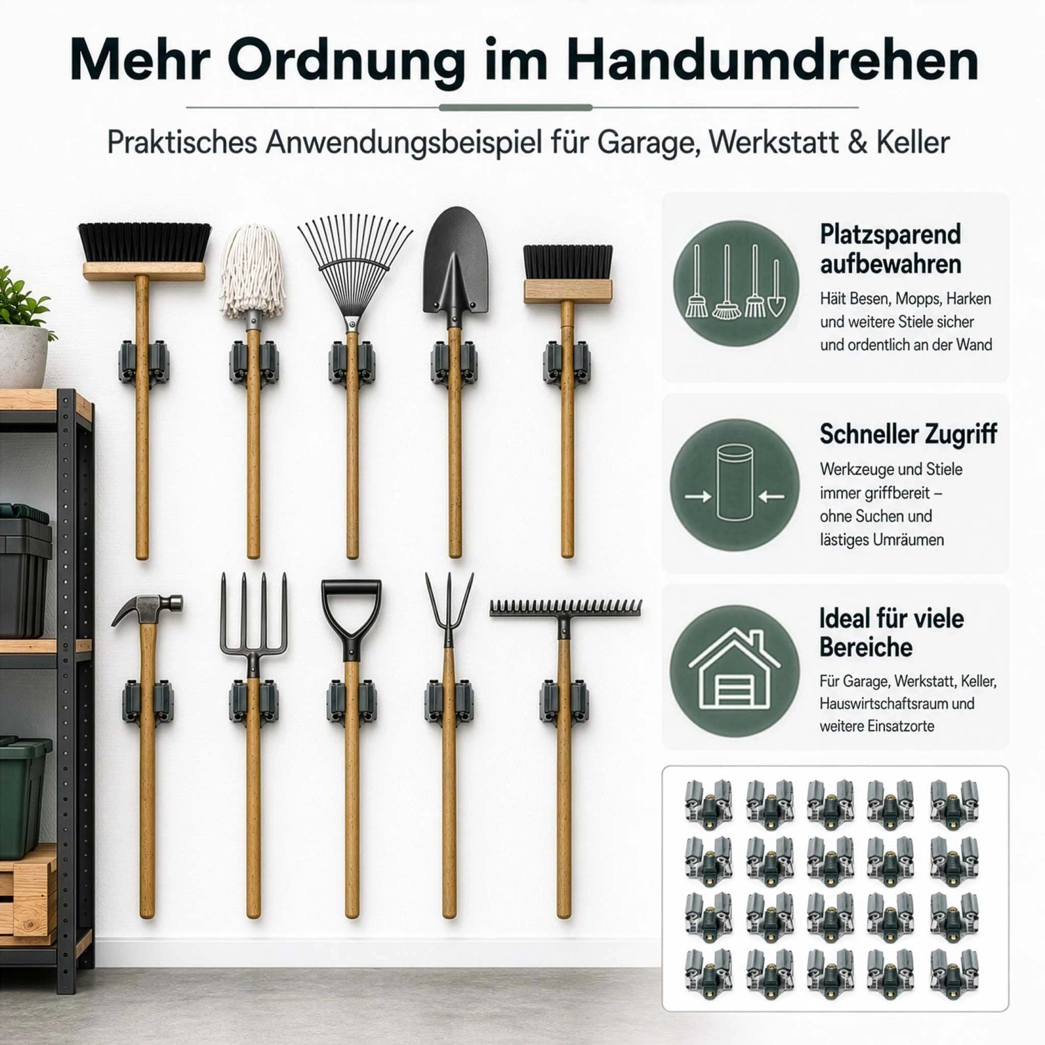 Wiltec Gerätehalter Stahl 20er Set. Schwarze Wandhalterungen für Besen, Schaufeln, Gartengeräte. Platzsparende Werkzeugaufbewahrung in Garage, Werkstatt.