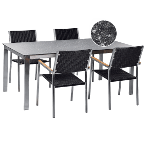 Beliani Gartentisch Set COSOLETO/GROSSETO, schwarz/silber, mit Tisch und 4 Rattanstühlen.