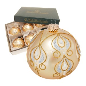 6er-Set goldene Krebs Glas Lauscha Weihnachtskugeln (8cm) mit Glitzerornamenten.