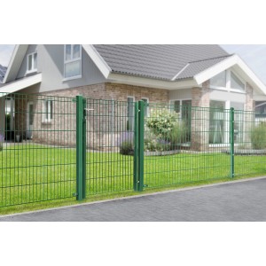 Grünes Gartentor-Set Michl Vario light, Höhe 120 cm, mit Doppelstabmatten-Füllung vor einem Haus.