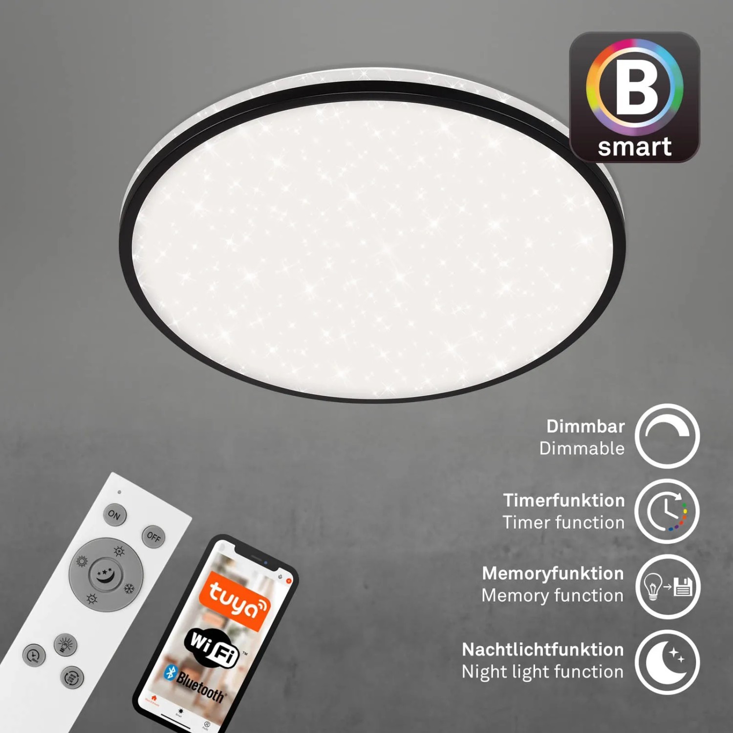 Dimmbare, smarte Brilo LED-Deckenleuchte Ivy Sky S mit Sternendekor, steuerbar per App und Fernbedienung.
