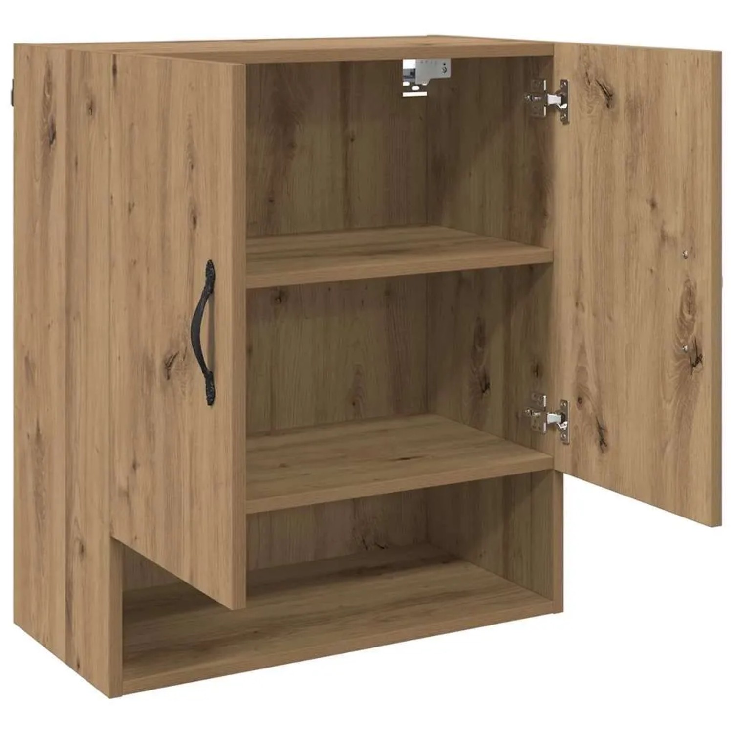Wandschrank Artisan-Eiche mit offenen Türen, 3 Fächern und schwarzem Griff. Moderner Wohnzimmerschrank aus Holzwerkstoff.